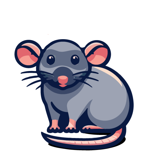 A cute, stylized illustration of a gray mouse, often associated with rat breeding, features large pink ears, black eyes, and a long pink tail. The mouse is sitting upright, facing forward on a white background.