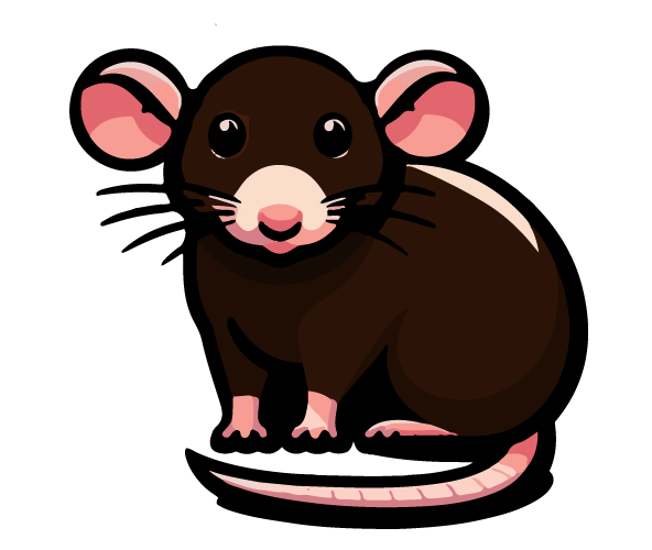 A cute cartoon rat with large pink ears, a round black body, and a long pink tail. The rat has big, expressive eyes, a white face, and tiny pink paws. It is sitting on its haunches and looking forward with an engaging expression—perfect for promoting rat adoption.