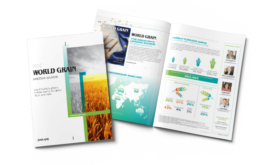 A 2025 World Grain media guide cover and a two-page spread. The cover features a split image of a wheat field and a green path. The open spread inside, crafted by a talented web designer, includes a title, world map graphic, and various charts and statistics related to readership analysis.