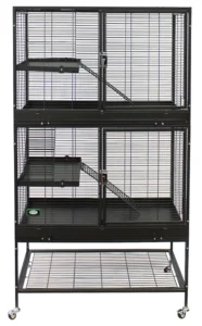 A tall black metal wire pet cage with two levels and multiple platforms. The cage has two large doors and sits on wheels for easy mobility. It features a sturdy base and secure latches to keep pets safe inside.