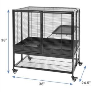 A black metal pet cage on wheels with dimensions: 38 inches tall, 36 inches wide, and 24.5 inches deep. It features a wire design with a shelf inside and two front doors.